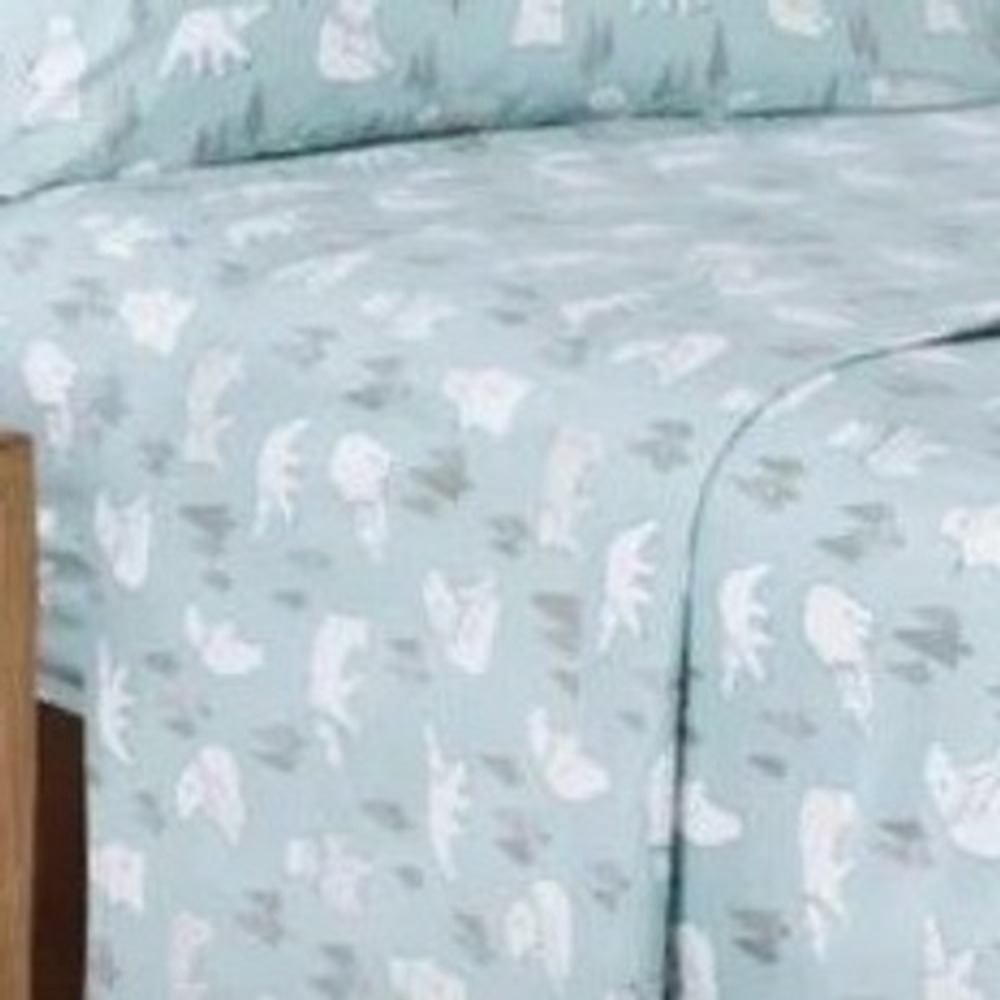 True North Polar Bear Flannel Flat Fitted Sheet Queen Size Green Cabin Winter